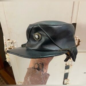 VTG Black Leather Winter Hat with Ear Flaps